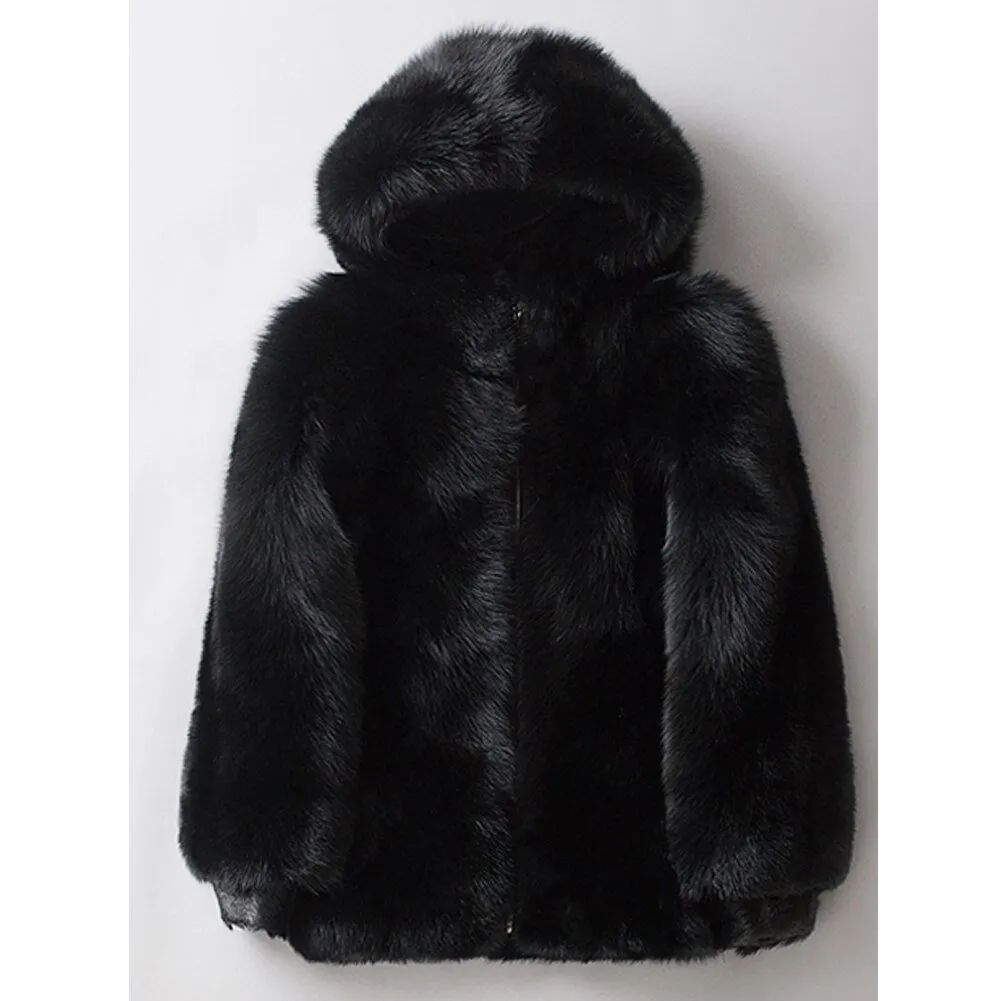 Mens Black Fox Fur Coat Mens Sheepskin Coat Hooded Leather Jacket 2019 New Winter Warm Coats