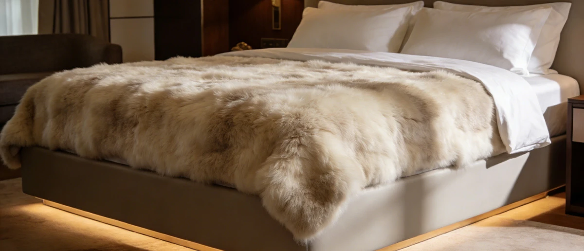 Luxurious natural sheepskin mattress in high-end hotel bedroom