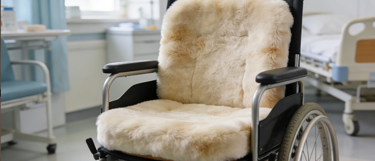 Custom sheepskin rehabilitation pad placed on wheelchair in healthcare setting