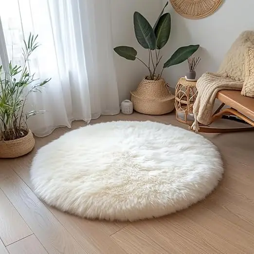 Round sheepskin rug 1 Natural white round sheepskin rug for luxury home decor wholesale